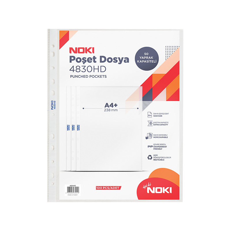Noki 4830 HD Delikli Şeffaf Poşet Dosya A4 100'lü Paket