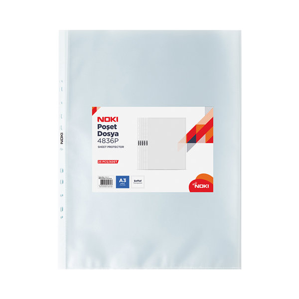 Noki 4836-P Delikli Şeffaf Poşet Dosya A3 Dikey 25'li Paket